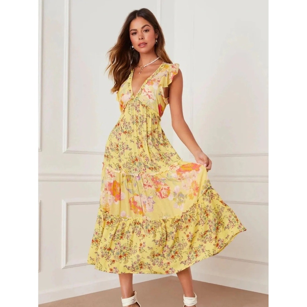Band of the Free Yellow Floral Tiered Midi Dress V-Neck Flutter‎ Sleeve Boho S